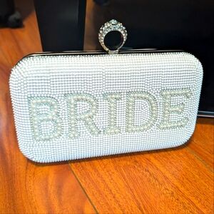 Wedding clutch / box bag in white with BRIDE spelled In pearls and rhinestones